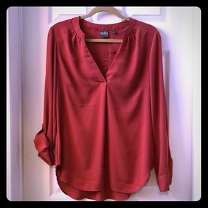 NY&C Brick V-neck Pleat Long Sleeve Tunic Blouse